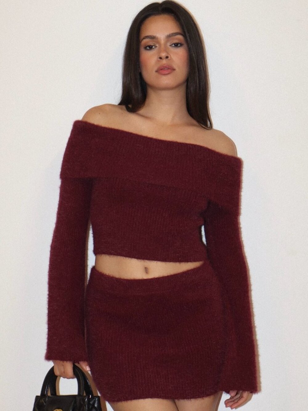 COMING SOON LITTLE BIT OFF BURGUNDY KNIT OFF SHOULDER TOP